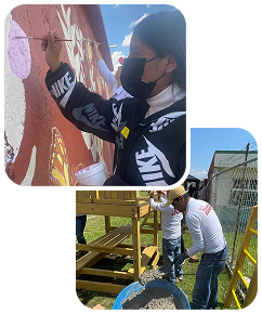 Collage de dos fotos: en la superior, niños sonríen sorprendidos mientras realizan un experimento científico; en la inferior, un grupo de voluntarios trabaja limpiando y removiendo hojas en un parque.